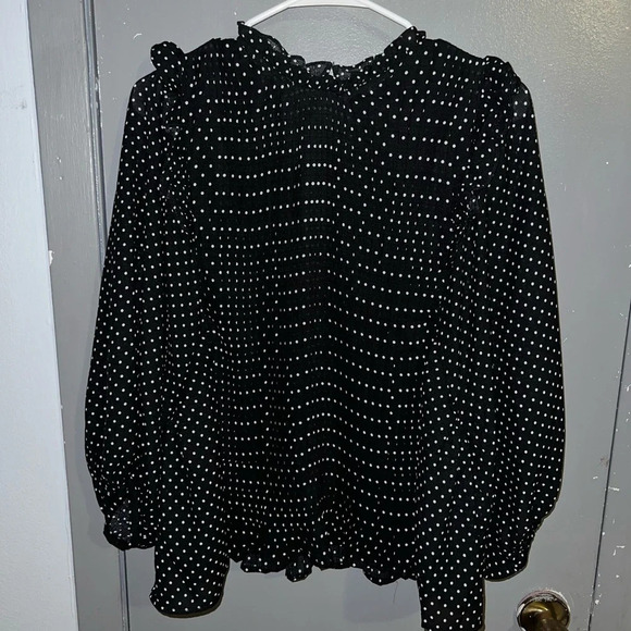 MUSTARD seed size medium black with white dots pleated shirt with ruffles. - Picture 1 of 6